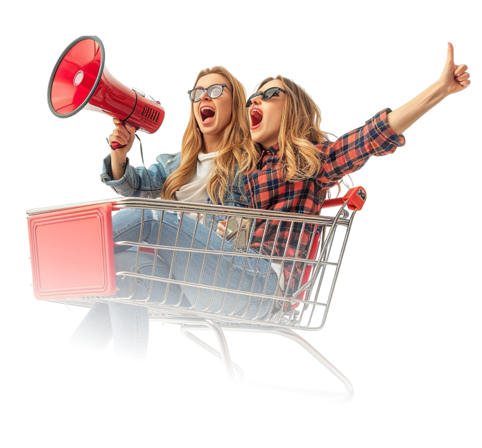 Happy customers with megaphone